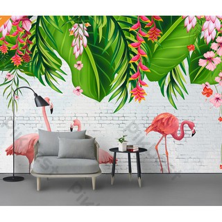 Tranh dán tường 3d trang trí phòng chim hồng hạc hòa nhập với thiên nhiên (tích hợp sẵn keo)  MS1239277