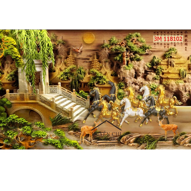 Tranh dán tường 3d Mã Đáo Thành Công- Bát mã - Huyền Chi - vải lụa cao cấp tặng kèm keo dán