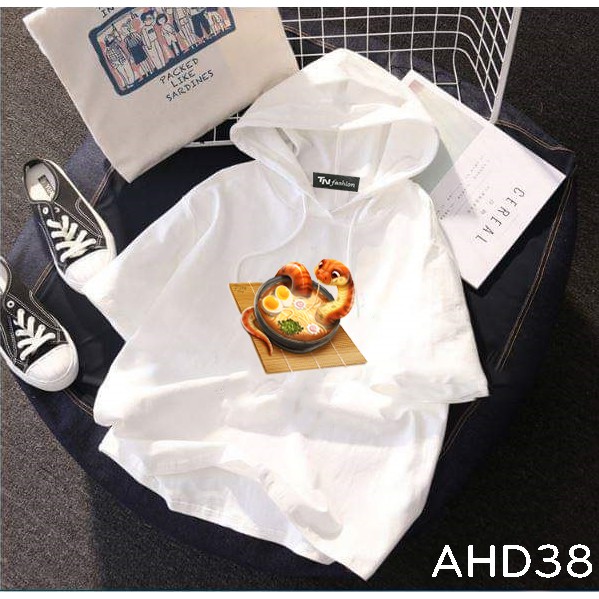 Áo thun teen nam nữ HOODIE TAY LỠ CÓ NÓN hình mỳ ramen rắn
