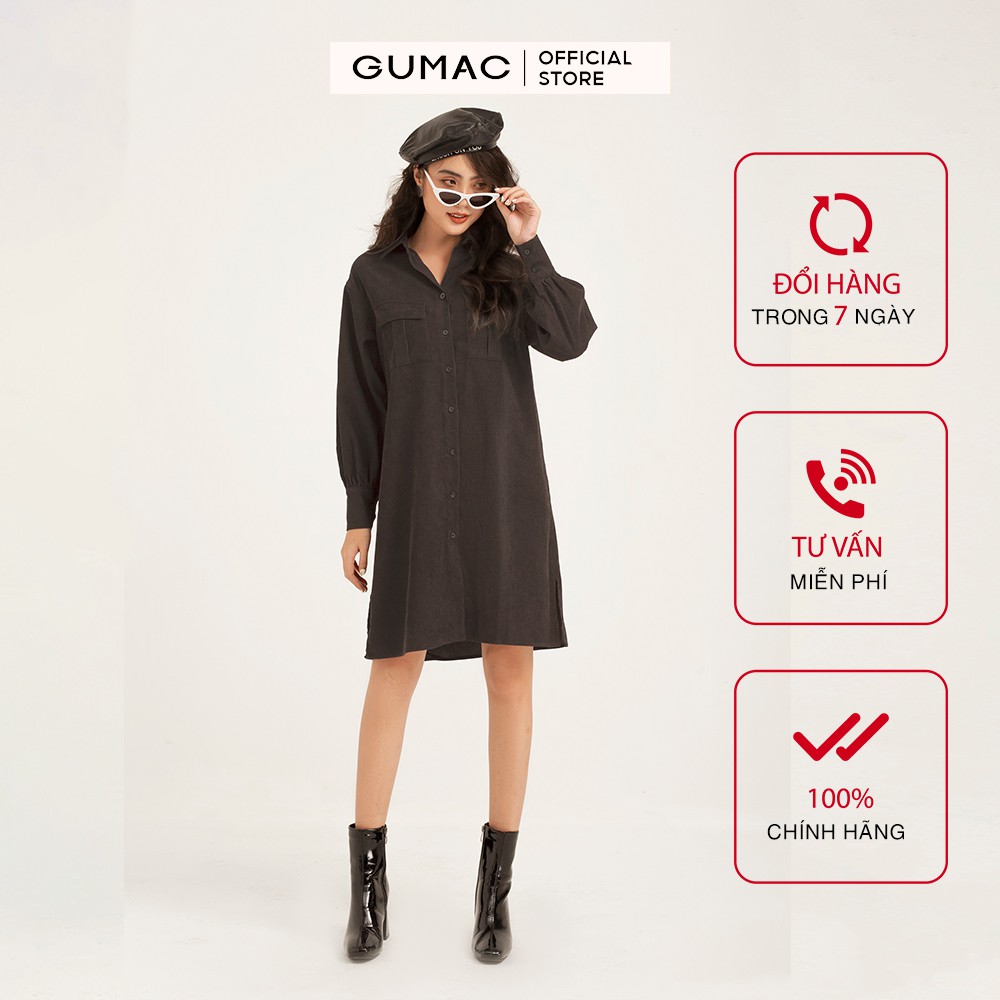Đầm suông nữ GUMAC sơ mi 2 túi năng động, màu đen đủ size DB1149 [Không bao gồm dây eo]