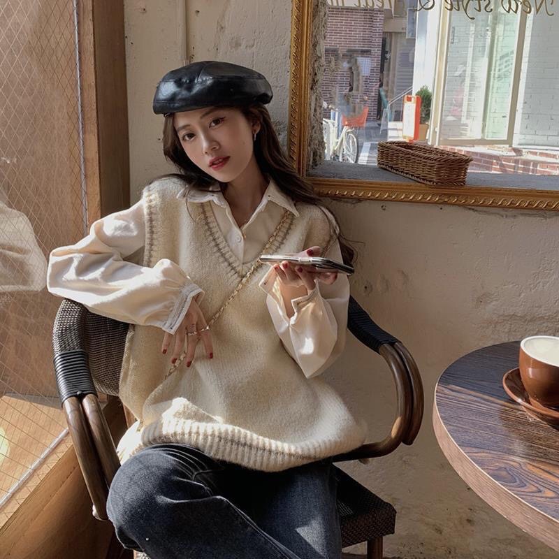 Set Áo Sơ Mi Tay Phồng + Gile Len M1 Thời Trang Hàn Quốc 2021