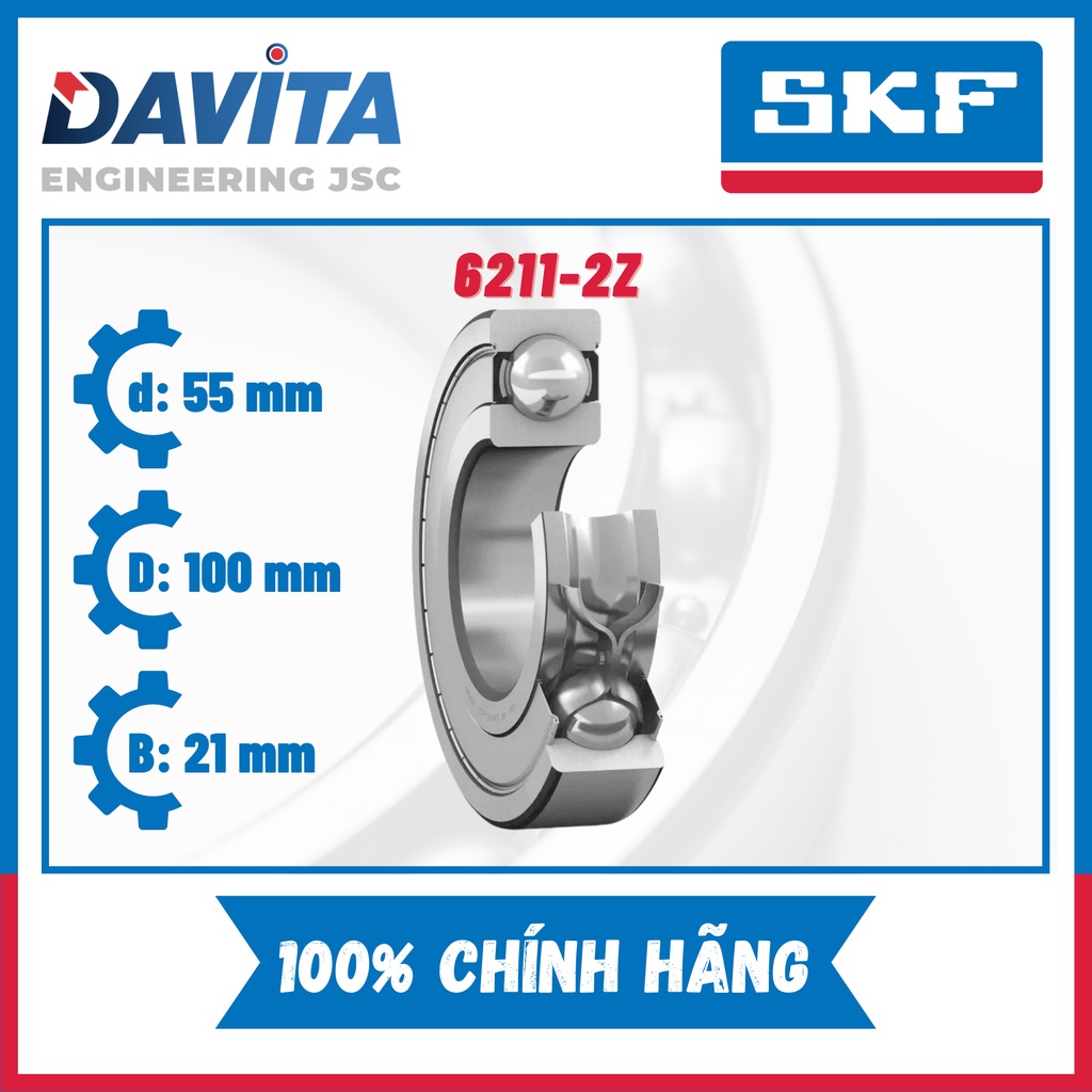 Vòng bi SKF chính hãng 6211, 6211/C3, 6211-2Z, 6211-2Z/C3, 6211-2RS1, 6211-2RS1/C3