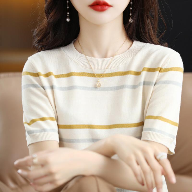 Áo Thun Tay Ngắn Cổ Tròn Dáng Rộng Họa Tiết Kẻ Sọc Thiết Kế Mới Năng Động Thời Trang Dành Cho Mùa Hè