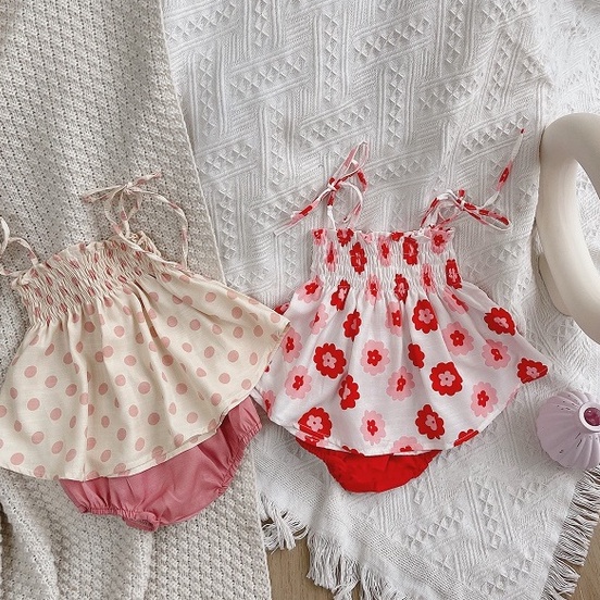 Set áo 2 dây cột nơ chun ngực họa tiết kèm quần chip bé gái mùa hè 1 2 3 4 tuổi MINTSCLOSET Mint's Closet - GA2042