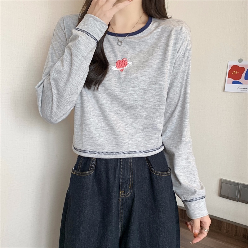 【ZHELIHANGFEI】Áo Thun Tay Dài Lưng Cao Họa Tiết Thêu Theo Phong Cách Preppy