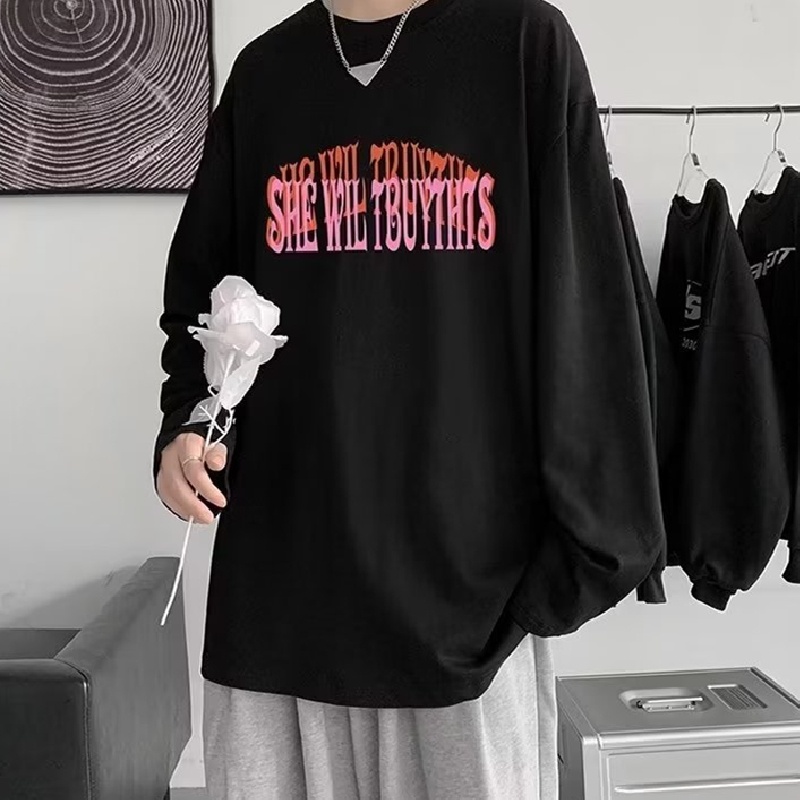 Áo Thun Tay Dài Dáng Rộng In Chữ Phong Cách Thời Trang Nhật Bản Cho Nam Giới Có size M-5XL
