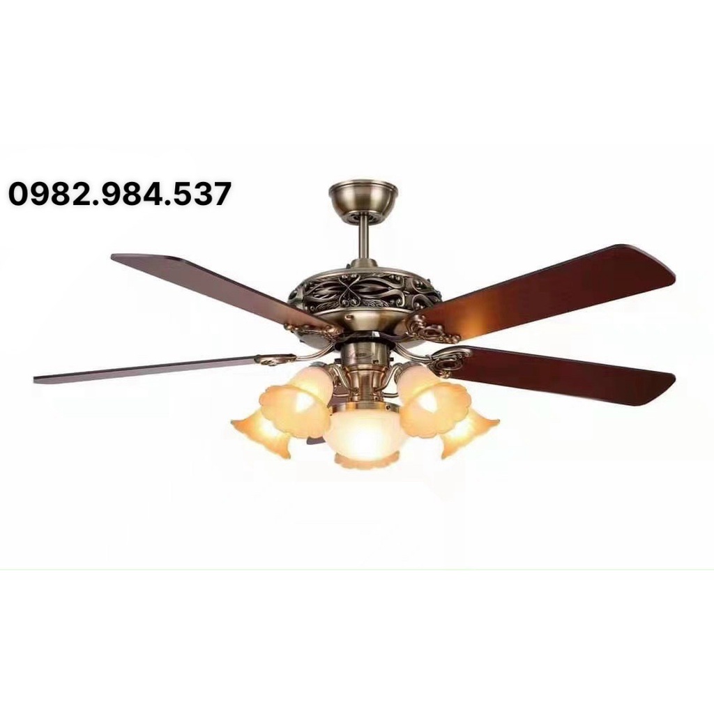 Quạt trần đèn chùm tân cổ 5 cánh,động cơ DC lõi đồng,6 tôc độ gió,điều khiển từ xa decor phòng khách,nhà hàng,spa,cafe