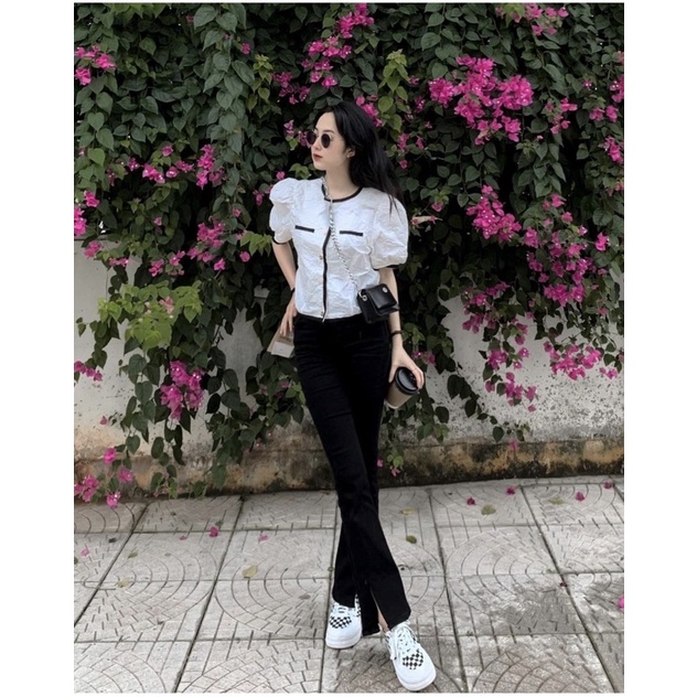 Áo Sơ Mi Xốp Cúc Ngọc Tay Phồng 2 Màu Đen trắng, Áo Xốp Phồng Cao Cấp