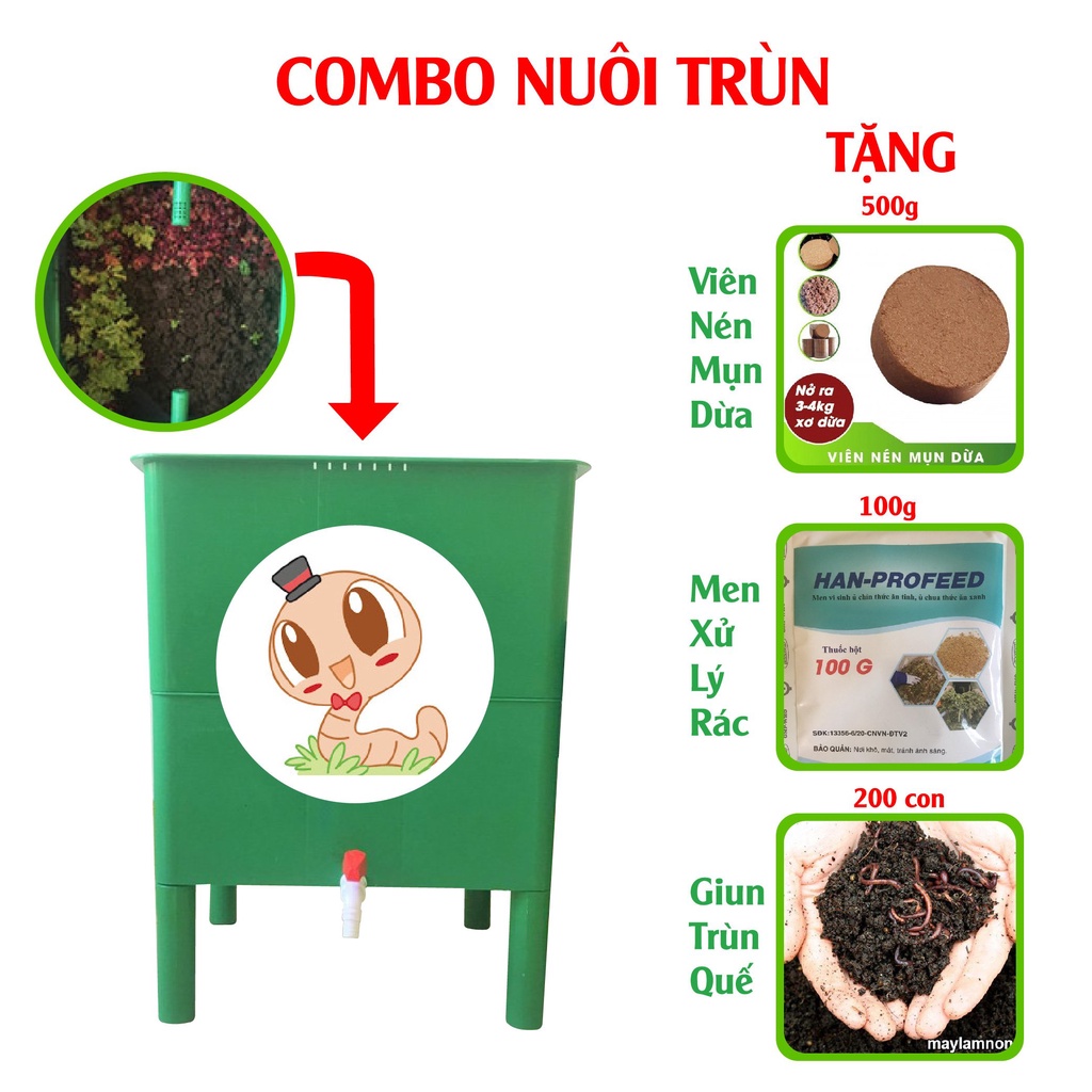 Thùng nuôi trùn quế ủ rác nhà bếp để trồng rau tại nhà ECO VIỆT NAM Tặng