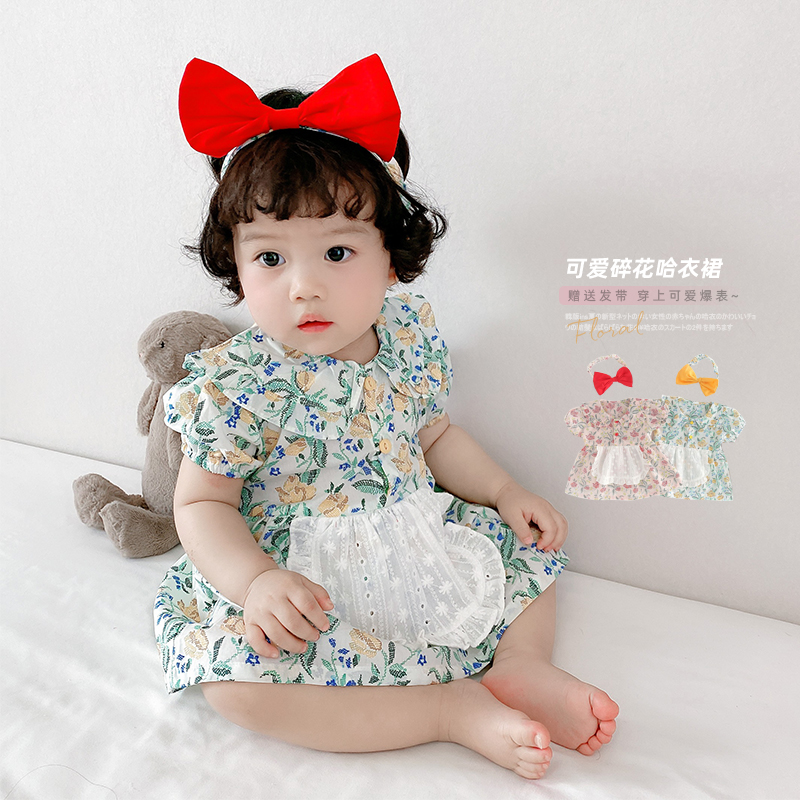 Bộ áo liền quần tay ngắn hoạ tiết hoa + băng đô cài tóc xinh xắn dành cho bé