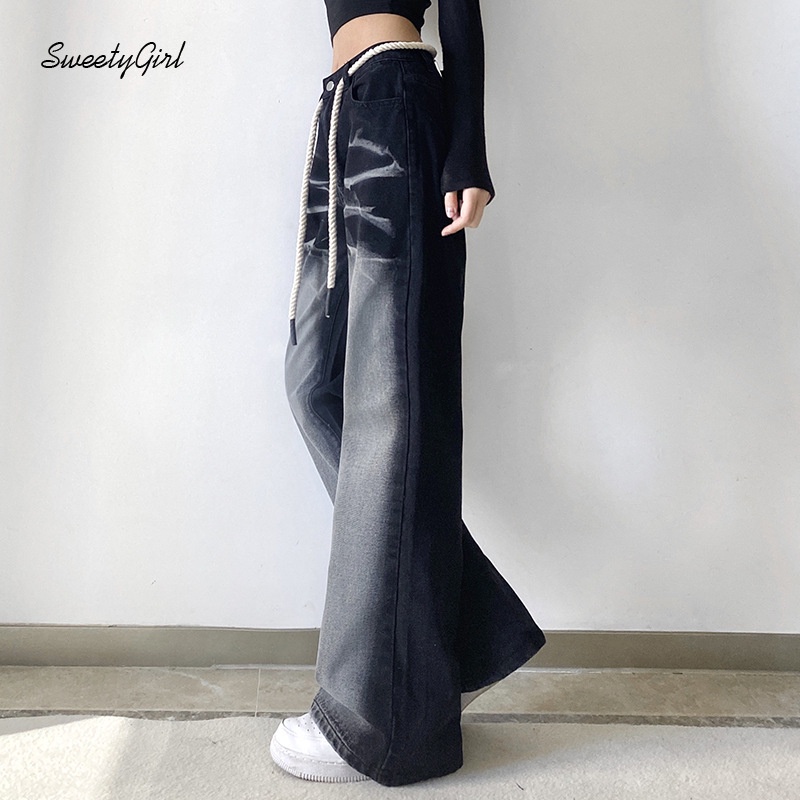 Quần Jeans Dài Ống Rộng Lưng Cao Phối Dây Rút Thời Trang Cho Nữ