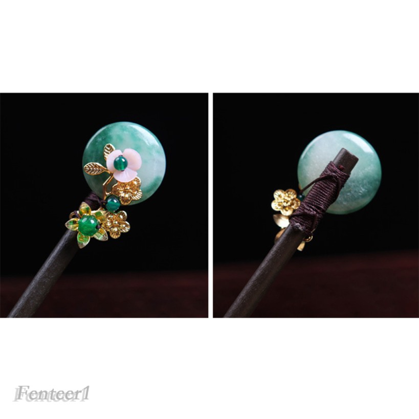 [Fenteer1] Trâm Cài Tóc Bằng Gỗ Truyền Thống Đính Ngọc Bích Màu Đen Cổ Điển