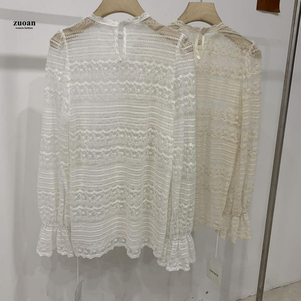 SUXI Áo Blouse Nữ Tay Dài Phối Ren