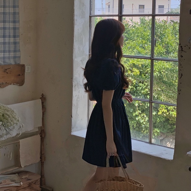 Đầm Denim Cổ Vuông Lưng Thun Dễ Thương Phong Cách Hàn Quốc 52802