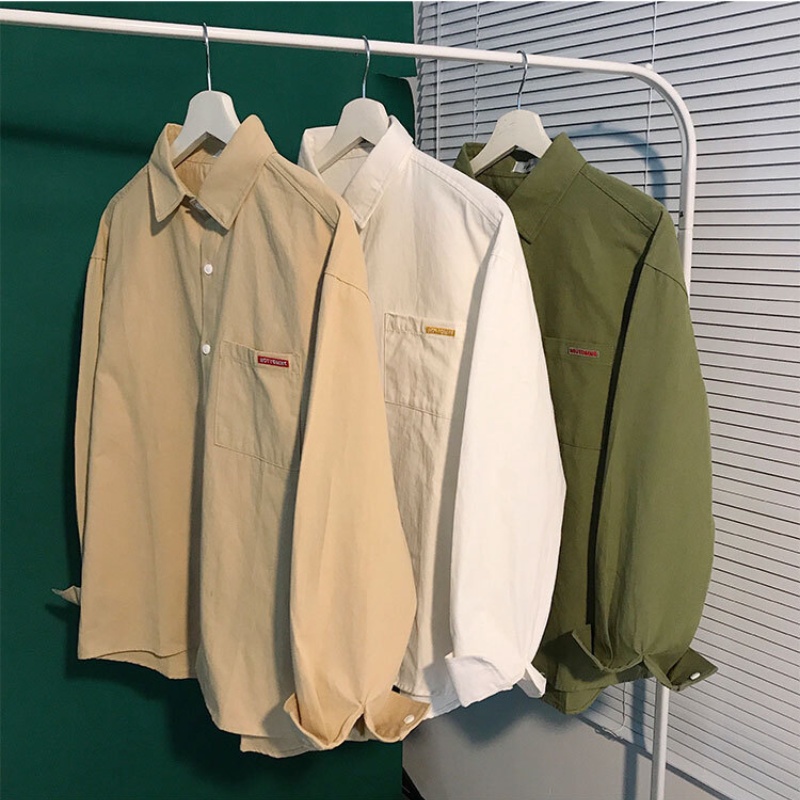 Áo Sơ Mi Tay Dài Dáng Rộng Màu Sắc Trơn Thời Trang Mùa Thu Phong Cách Hàn Quốc Cho Nam Giới