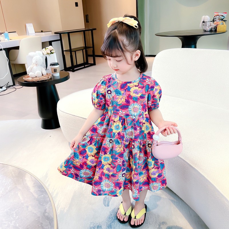 Váy bé gái có tay, hoạ tiết hoa to, dáng babydoll , thoáng mát, thấm hút mồ hôi tốt- M0051