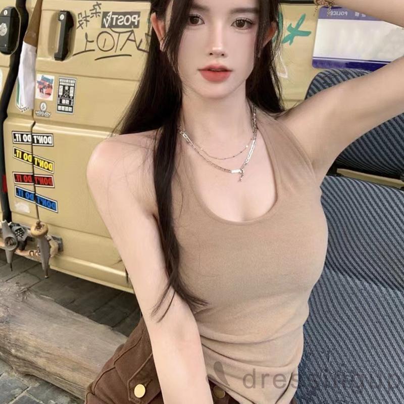 DRE-Women Halter Neck Tank Tops, Solid Color Sleeveless Elastic Casual Tank Tops for Summer