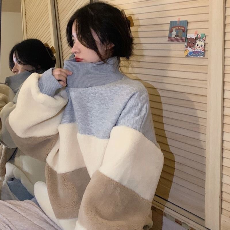 Áo Len Cổ Lọ Form Rộng Tay Phồng Phối Màu Độc Đáo S-2XL Phong Cách Thời Trang Mùa Đông Hàn Quốc