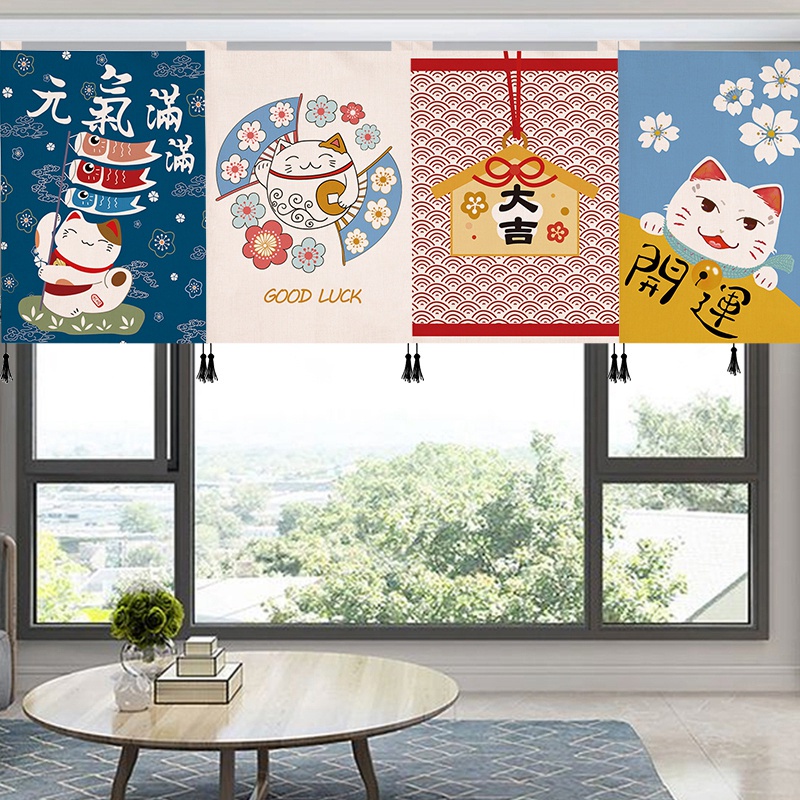 Rèm Cửa Ngắn Họa Tiết Mèo May Mắn Phong Cách Nhật Bản Trang Trí Năm Mới
