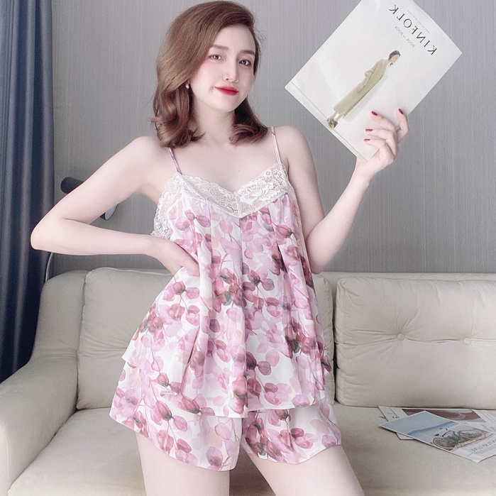 Bộ Đồ Ngủ Nữ SOJUN Vải Mango Hoa Phối Ren Dưới 70Kg