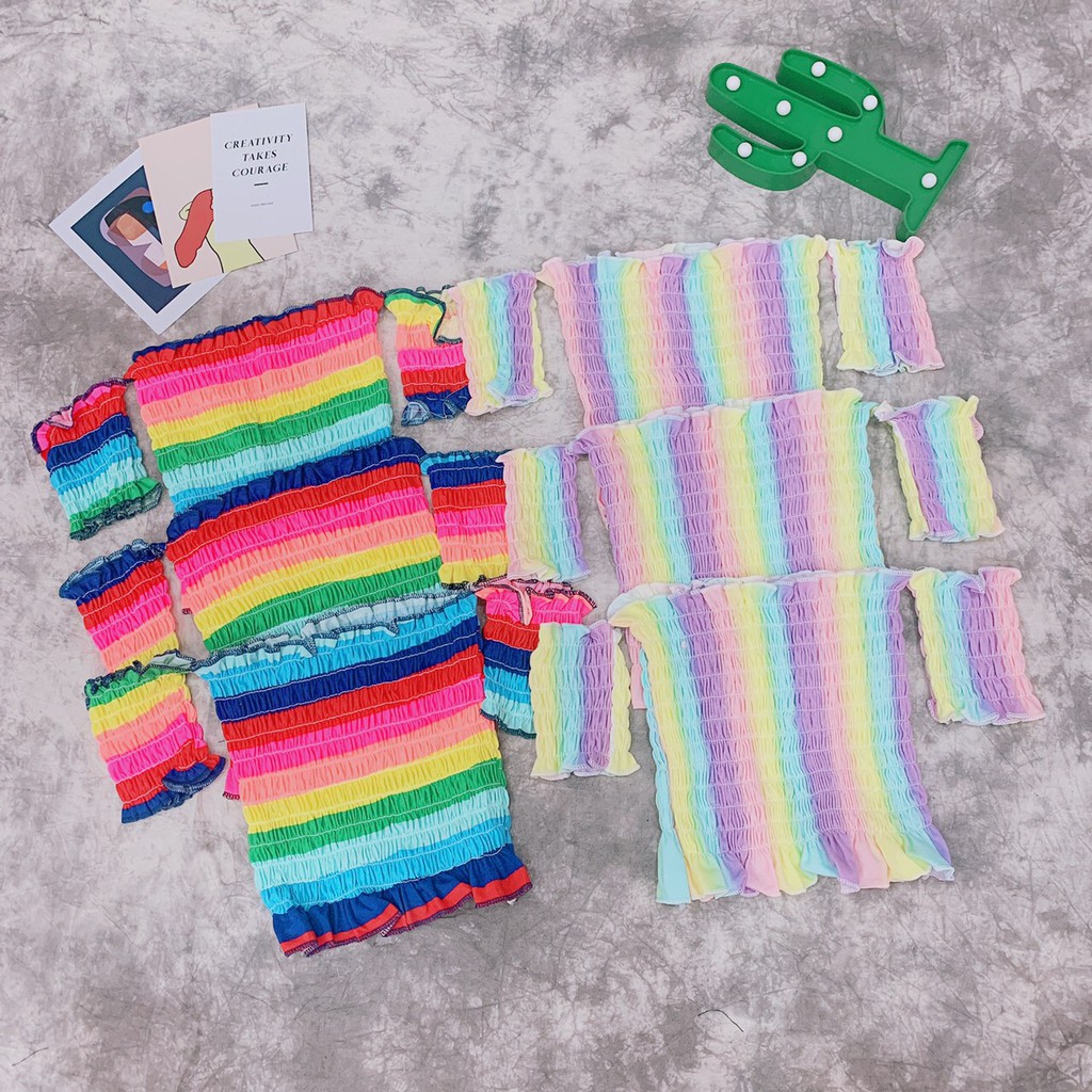 ÁO VOAN CROPTOP ÔM BODY NGẮN CO GIÃN - ÁO KIỂU CRT ULZANG NGẮN TAY BẸT TRỄ VAI CẦU VỒNG RAINBOW 98