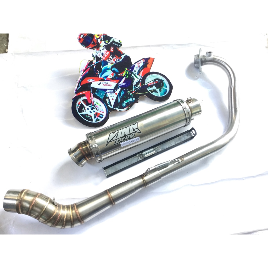 Bộ pô KING DRAG TRẮNG full cổ 2 khúc inox 304 exciter, WINER, SONIC, satria, RAIDER FI, GSX