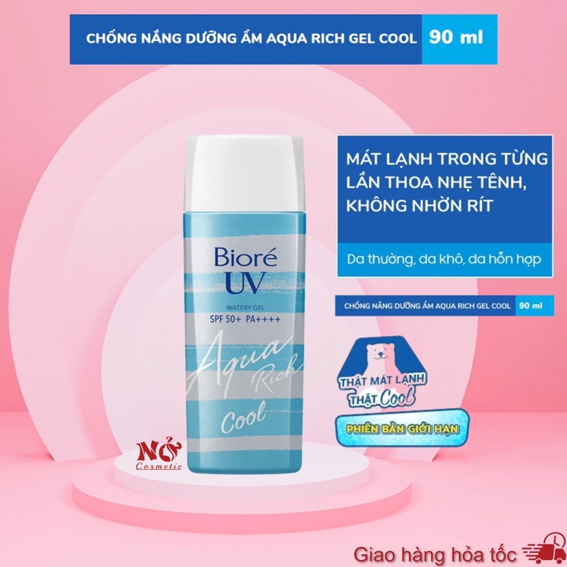 Bioré Gel Chống Nắng Màng Nước Dưỡng Ẩm Mát Lạnh UV Aqua Rich Watery Cool SPF50+/PA++++ 90ml