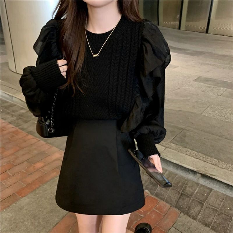 Áo len nữ tay voan tiểu thư xinh xắn 2 màu