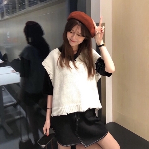 Áo Sweater Dệt Kim Không Tay Cổ Chữ V Phối Ren Xinh Xắn Theo Phong Cách Xuân Thu Hàn Quốc | BigBuy360 - bigbuy360.vn