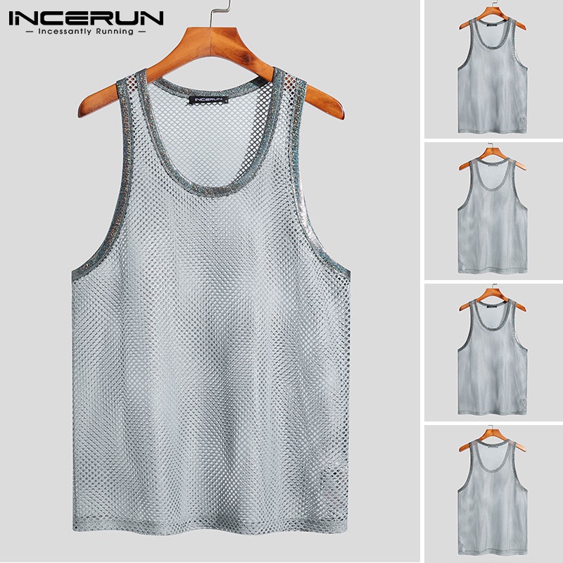 Áo tanktop INCERUN sát nách dáng rộng phối lưới thoáng khí thời trang đi biển dành cho nam