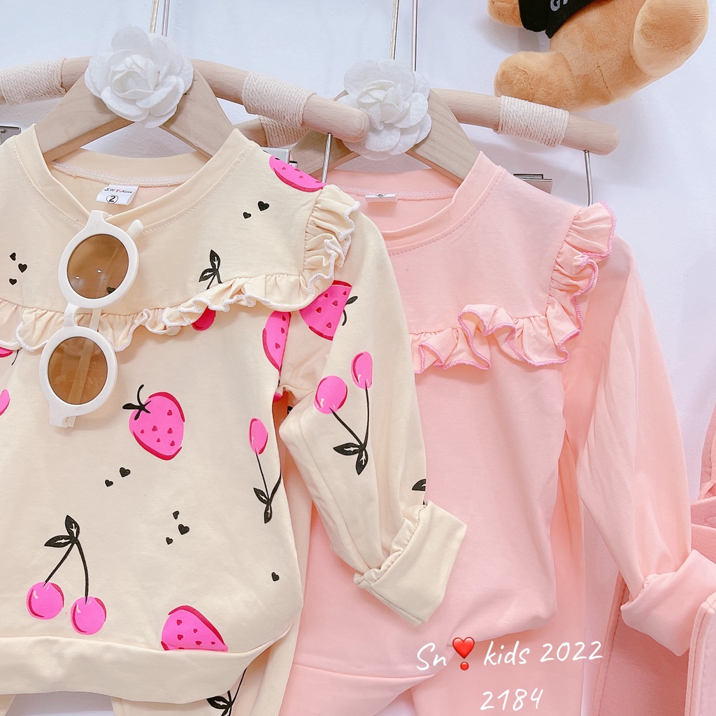 Bộ dài tay thu đông bé gái, cặp bộ quần áo chất cotton bèo ngực nền kem- hồng cho bé