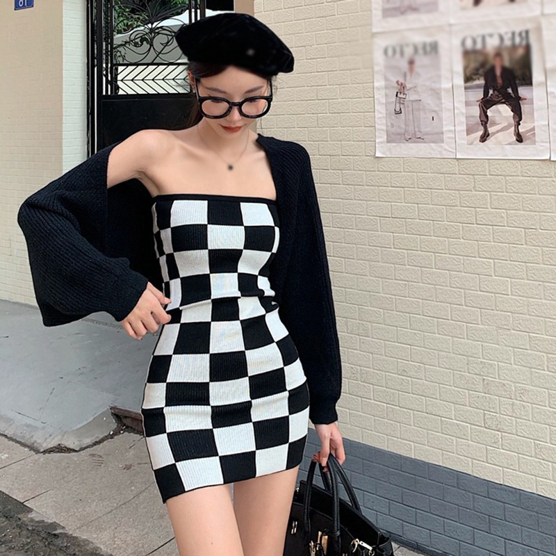 Đầm Dệt Kim Kẻ Sọc Caro Phong Cách Hàn Quốc Quyến Rũ Cho Nữ