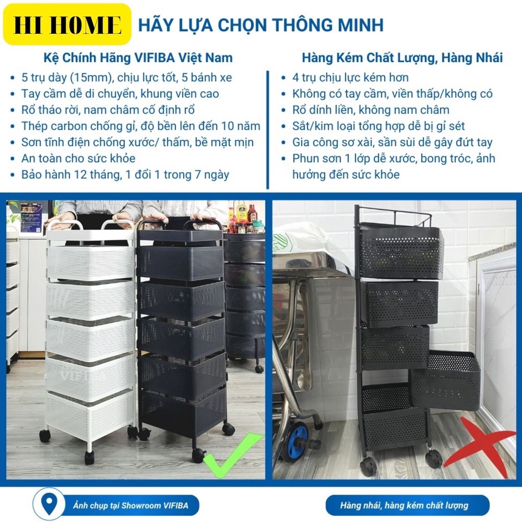 Kệ nhà bếp cao cấp 3 4 5 tầng đa nănG, kệ xoay thép Carbon thông minh có bánh xe TRẮNG, ĐEN Hi Home