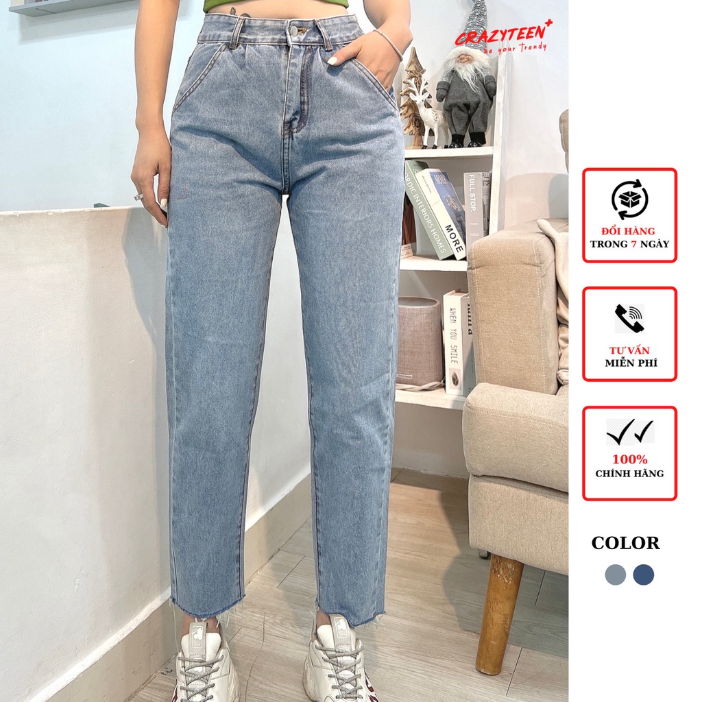 Quần jeans baggy ống suông nữ CRAZYTEEN lai rách cá tính K0301