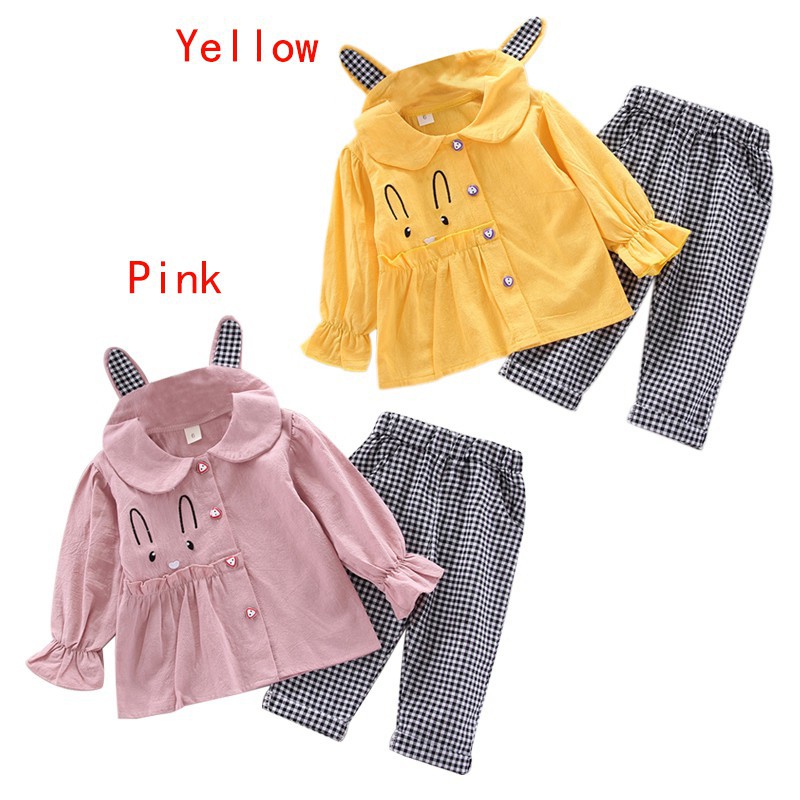 ♕ babyme ღ 2 Pcs Baby Girl Cartoon Rabbit Long Sleeve Sweatshirt +Plaid Pants Set