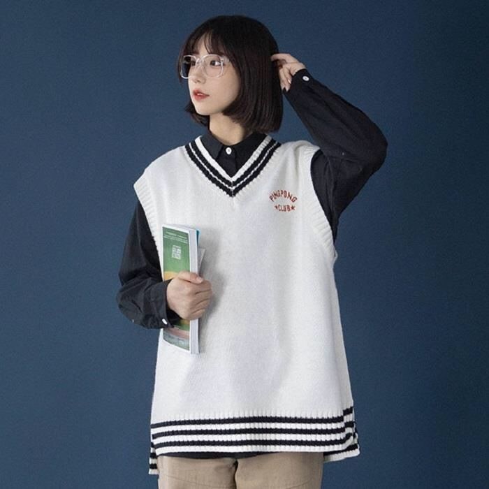 Áo sweater nữ sinh dáng rộng cổ chữ V phong cách Nhật Hàn