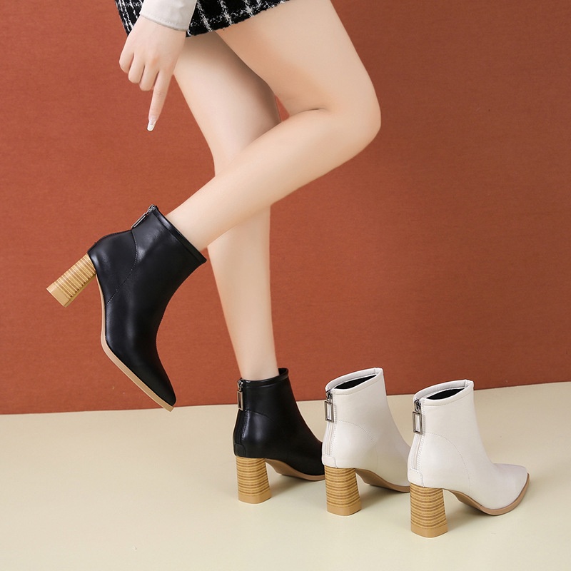 Giày bốt IELGY Martin mũi nhọn gót dày ngắn lưng phối khóa kéo kiểu Hàn Quốc cá tính cho bạn gái