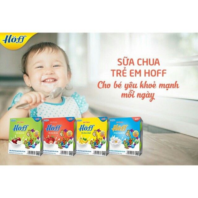 Sữa chua dinh dưỡng Hoff cho bé vỉ 4 hộp x 55g đủ vị Dâu/Táo/Chuối/Trắng (Date luôn mới)