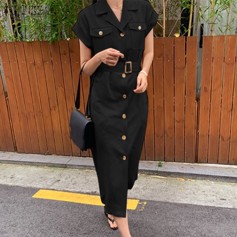 Đầm dài ZANZEA tay ngắn cổ bẻ có túi phối thắt lưng thời trang tùy chọn màu sắc dành cho nữ