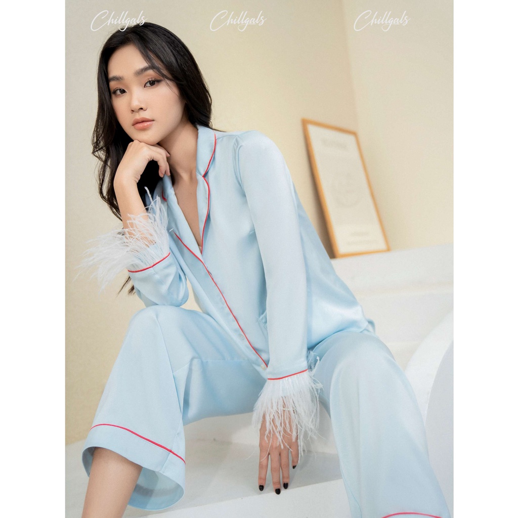 Bộ đồ ngủ Pijama phối lông đà điểu Chillgals - Màu xanh