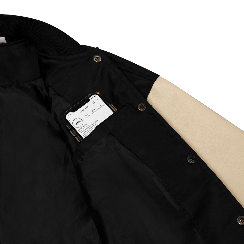 Áo Khoác Varsity tay Da màu kem, full Thêu local brand ONTOP Immortal Varsity Jacket