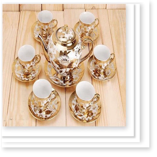 BỘ TÁCH TRÀ HOA VĂN NHŨ VÀNG HOÀNG GIA 6 LY KÈM DĨA - BỘ ẤM CHÉN UỐNG TRÀ DÙNG LÀM QUÀ TẶNG CAO CẤP