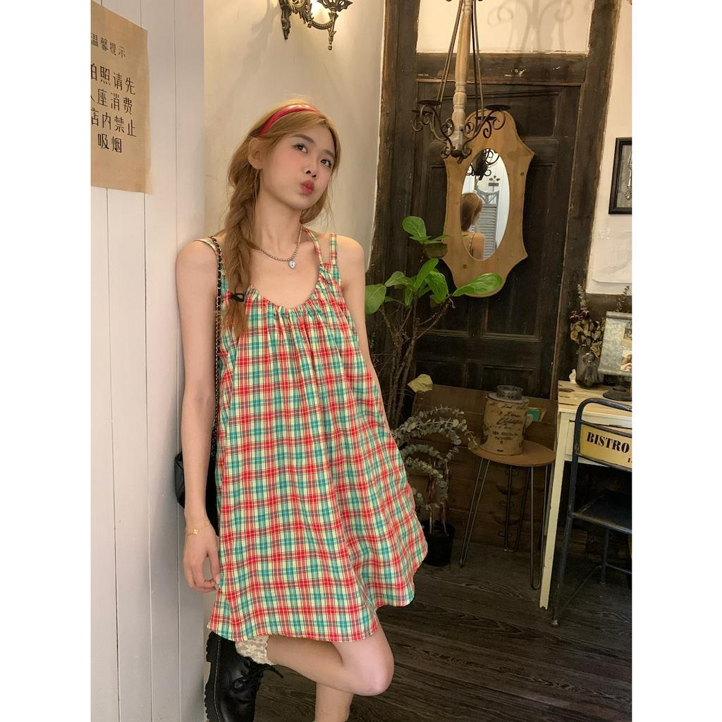 Porozi Đầm Hai Dây Hở Lưng Họa Tiết Sọc Caro Dễ Thương Phong Cách Hàn Quốc Cho Bé Gái