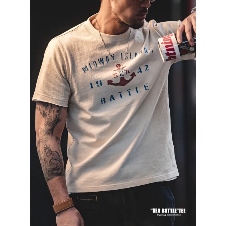 Áo thun MADEN  cotton cổ tròn ngắn tay in hình mỏ neo phong cách Nhật Bản retro thời trang hè 2022 cho nam