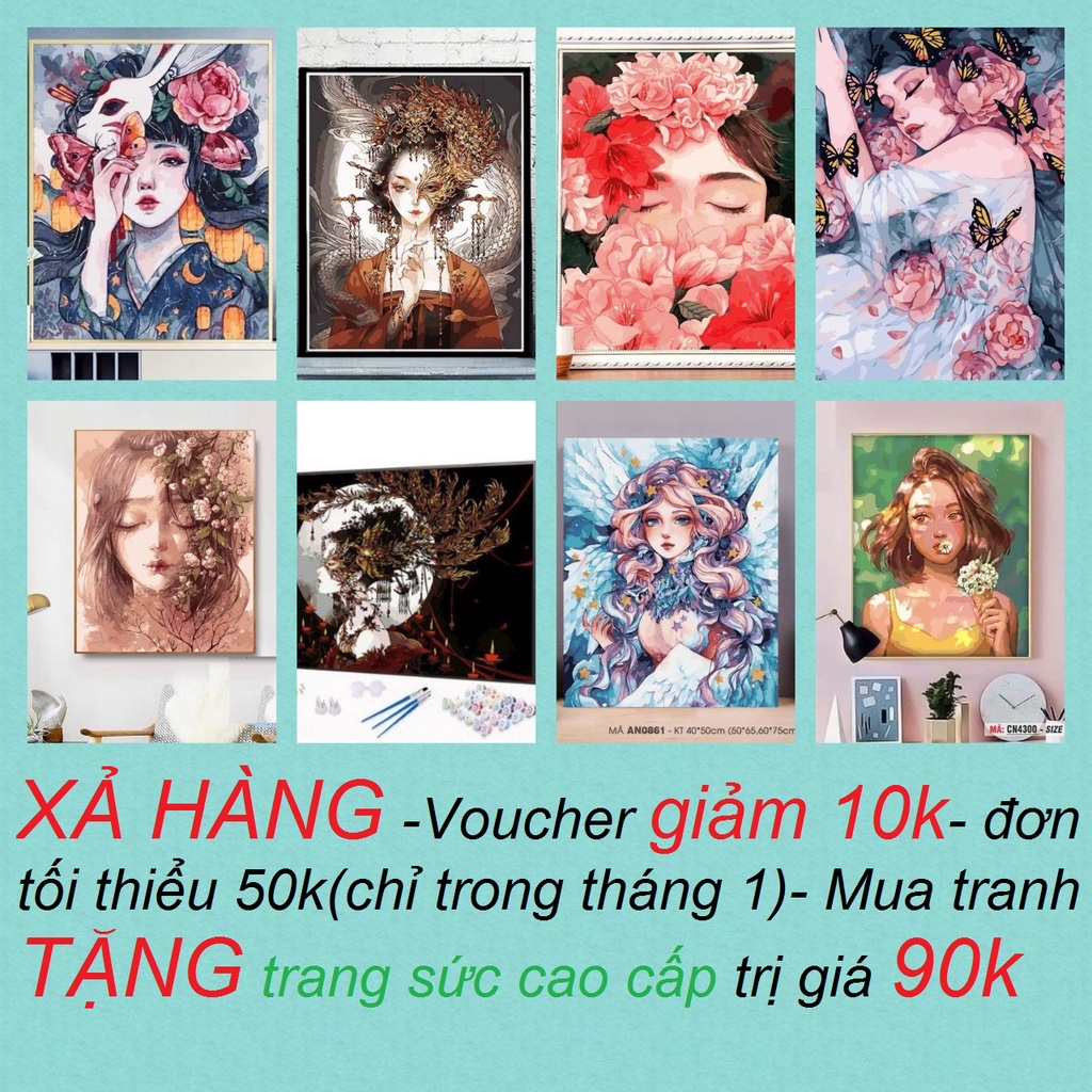 Tranh sơn dầu số hóa rẻ,đẹp-tranh tô màu theo số- tranh thiếu nữ, Tặng khăn,có khung 40x50-Moon shop-C2