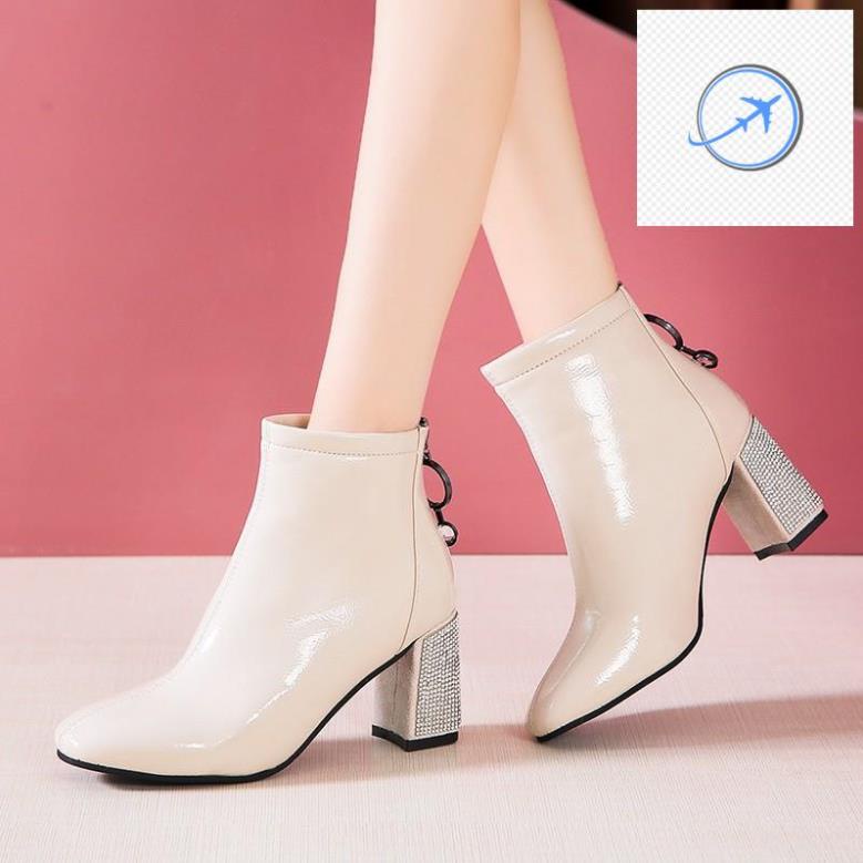 🌺✅ Giày Cao Gót Đính Đá Hàn Quốc S004/ Giày Cao Gót Da Bóng/ Bốt Hàn Quốc Cá Tính/ Bốt Đế Vuông Đính Đá 🌺✅