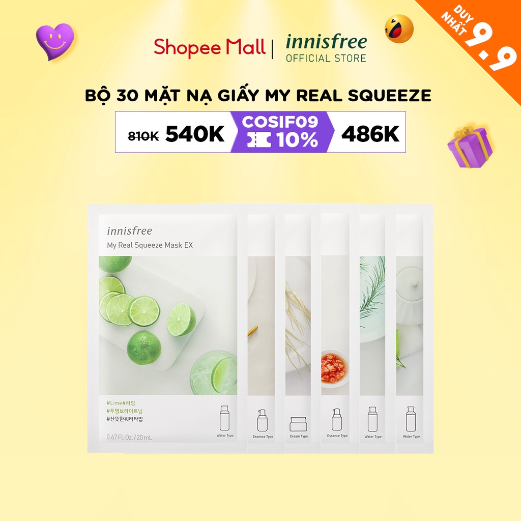 Bộ 30 mặt nạ giấy dưỡng da Hàn Quốc innisfree My Real Squeeze Mask