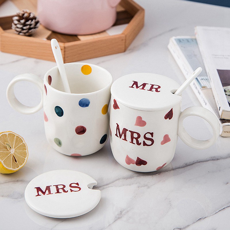 Simple Family Mugs Small Fresh with Spoons &Lids Mr and Mrs Mugs, Mrs