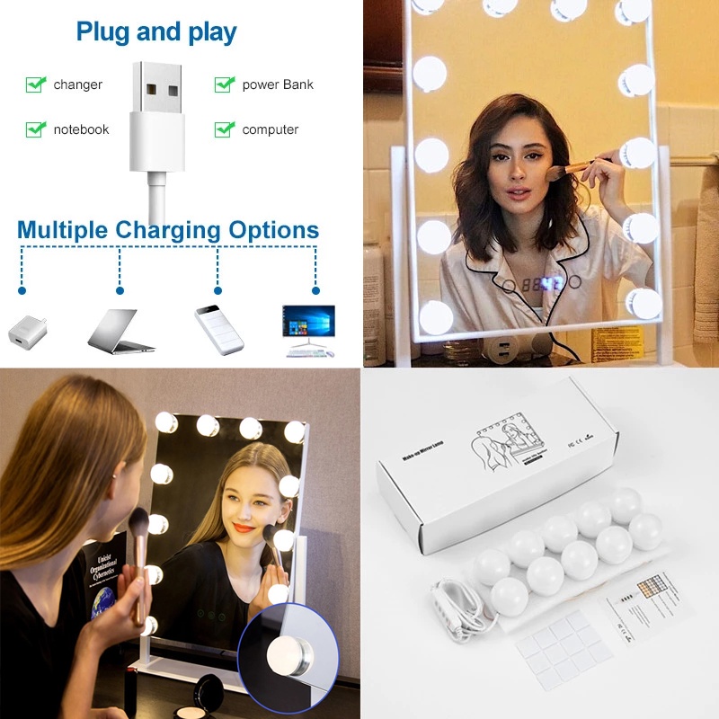 Bóng đèn LED USB mờ với 3 chế độ cảm ứng trang trí để bàn trang điểm phong cách Hollywood