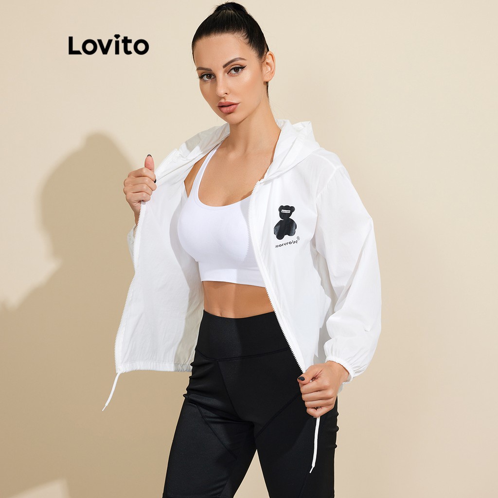 Áo khoác thể thao Lovito có dây rút và khóa kéo họa tiết động vật L18X526 (Màu trắng) thumbnail